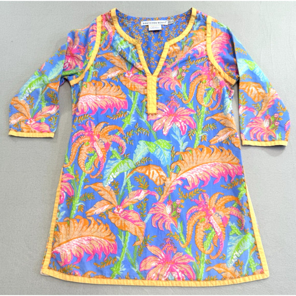 Gretchen Scott Designs Tops - Gretchen Scott Womens XS Blue Orange Pink Tropical Floral Bead V-Neck Tunic Top